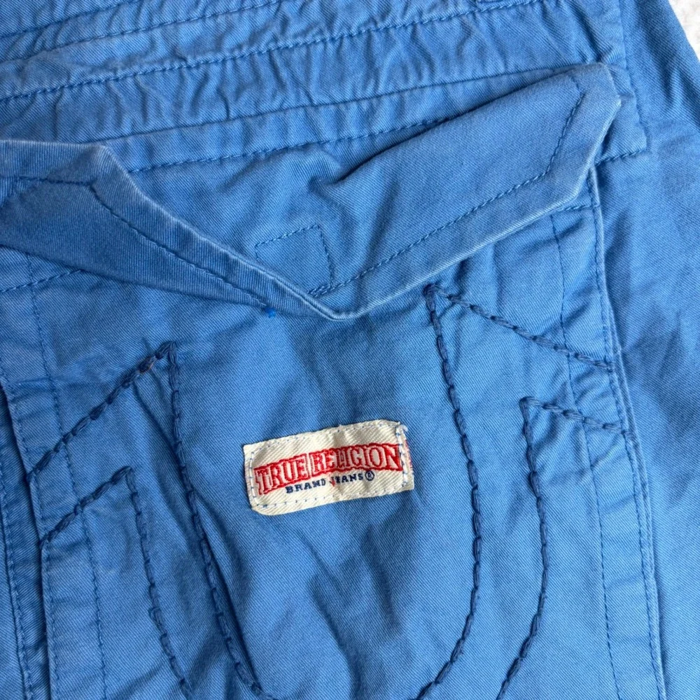 True Religion Blue Cargo Pants Mens 34 baggy loose Horseshoe Stitch Made in USA